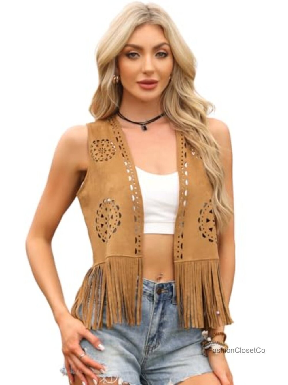 Western Faux Suede Fringe Tassel Vest Cardigan Sleeveless Cowgirl Top - Picture 1 of 5